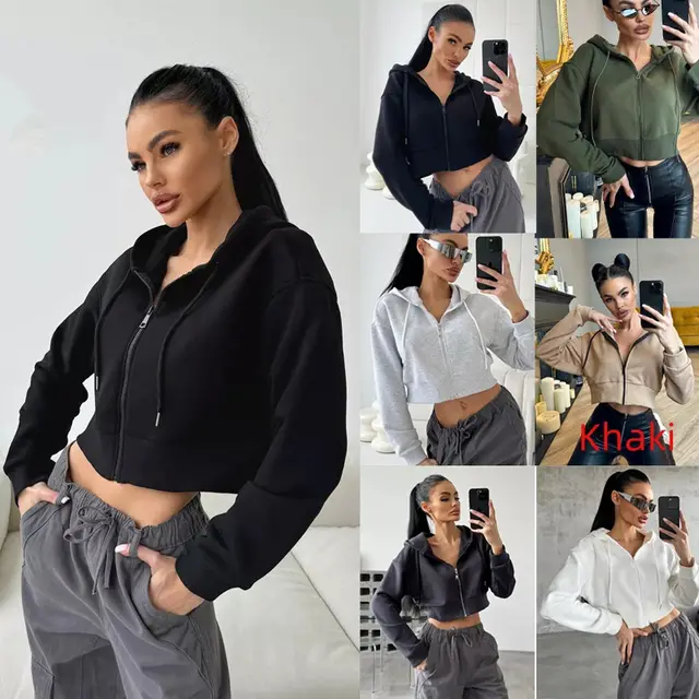 Fashion Hoodies Zipper Hooded Drawstring Short Long Sleeve Sweater Khaki - Shop at LoveMi