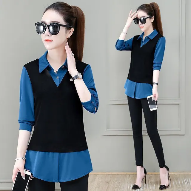 Fake Two Pieces Shirts Women's Top Slimming Slim Fit Blue - Shop at LoveMi