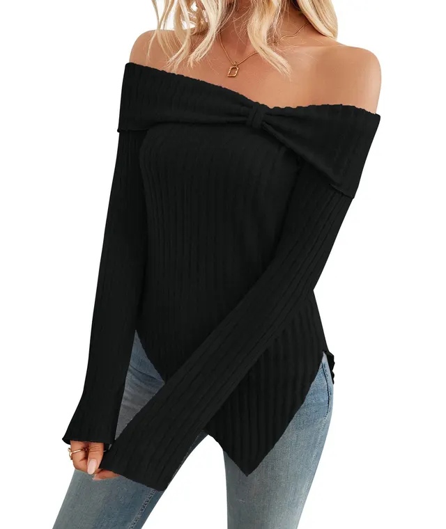 Women's Trendy Knit Ribbed Tops Bow Tie One Shoulder Long Sleeve Sweater Slim Cute Split Shirts Dressy Tops Black - Shop at LoveMi