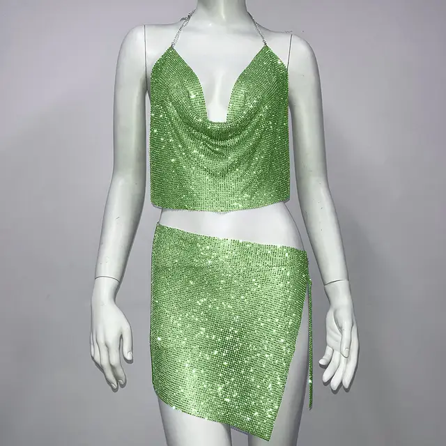Halter Spaghetti Straps Skirt Outfit Women Green Suit - Shop at LoveMi