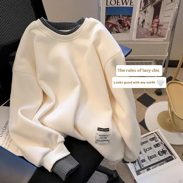 Round neck With Fleece Lining Thick Fake Two Pieces Long Sleeve Loose Sweatshirt Apricot - Shop at LoveMi