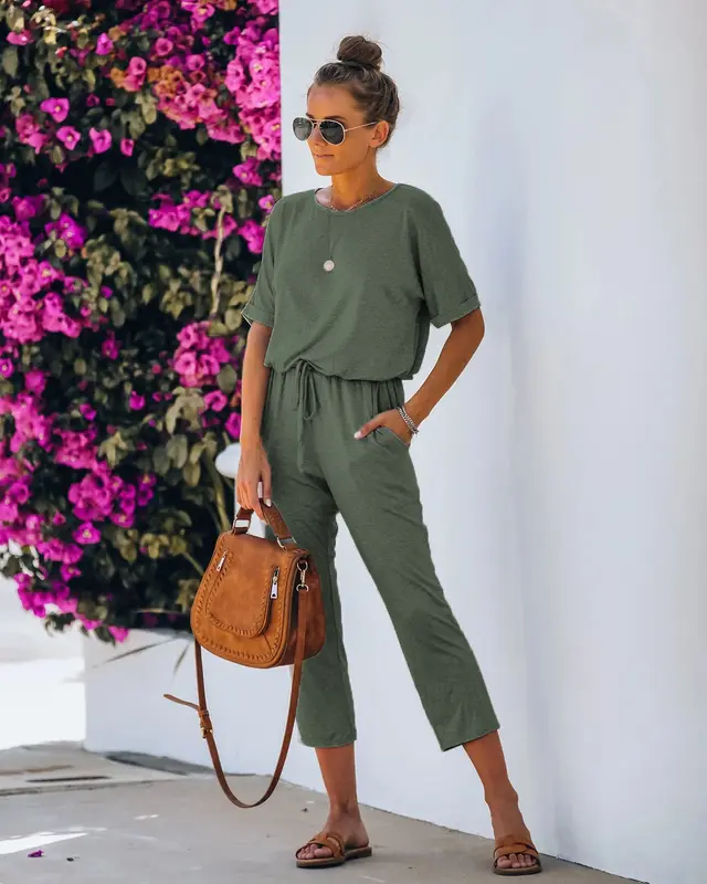 Casual And Comfortable Loose High Waist Short Sleeve Jumpsuit Green - Shop at LoveMi