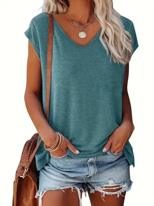 Women's Fashion Casual Solid Color And V neck Short Sleeve Ocean Green - Shop at LoveMi