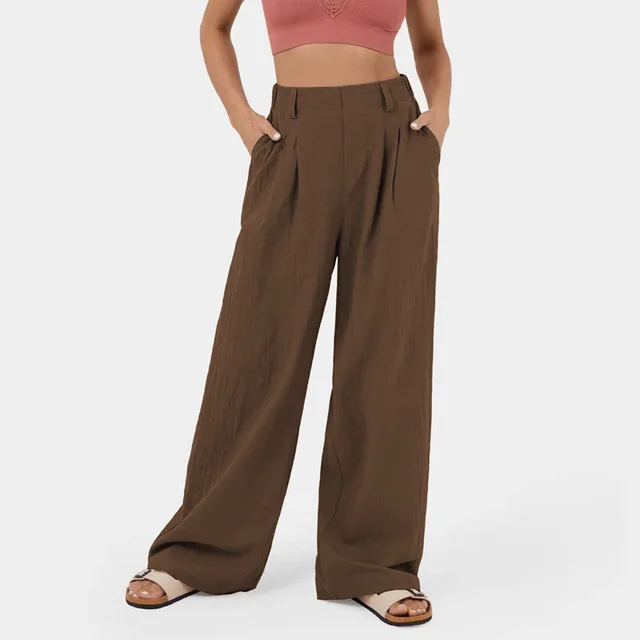 Women's Long Straight leg Pants Cotton High Waist Pants Dark Brown - Shop at LoveMi