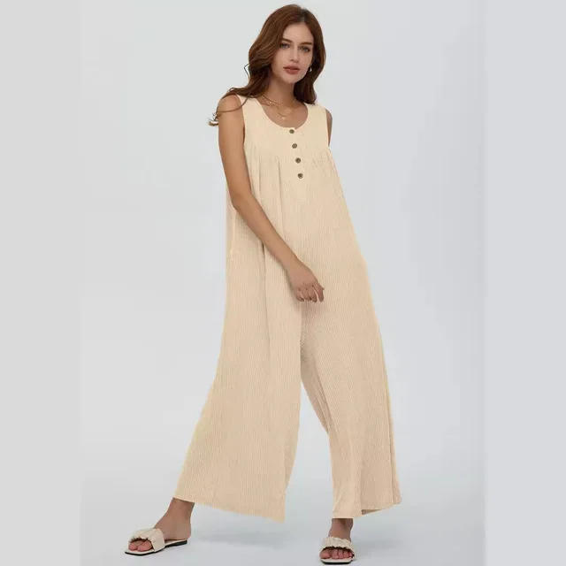 Summer European And American Style Fresh Casual Women's Pocket Jumpsuit Apricot - Shop at LoveMi
