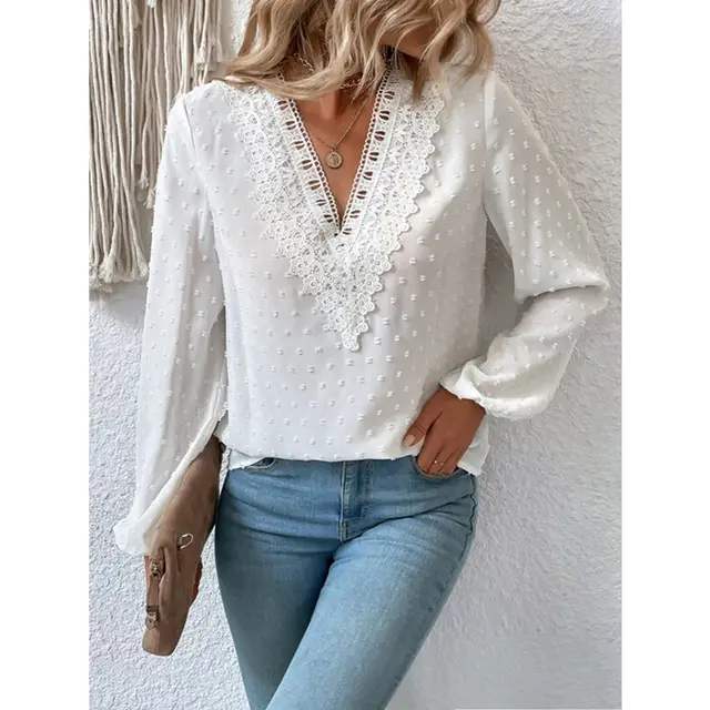 Solid Color Jacquard Puff Sleeve Lace V neck Shirt White - Shop at LoveMi