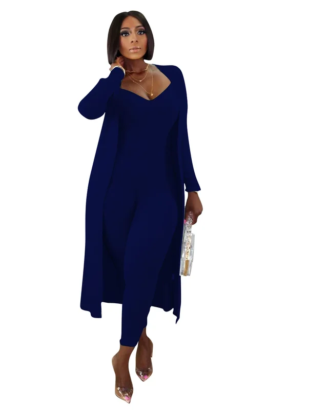 Casual Ribbed Long sleeved Coat Slim Fit Bodysuit Two Suit Dark Blue - Shop at LoveMi