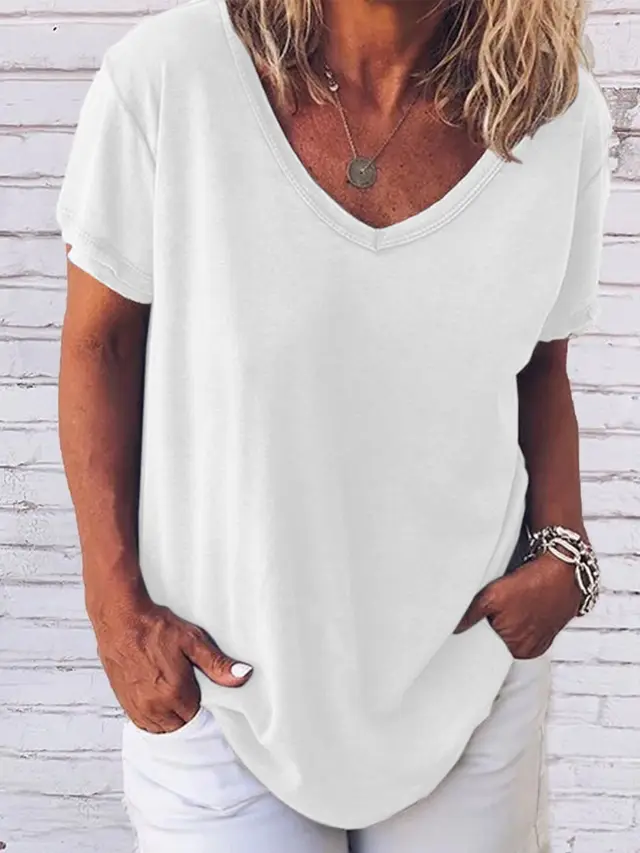 Cross Border Large V neck Printed T shirt Popular Foreign Trade Loose Leisure All matching Short Sleeve White - Shop at LoveMi