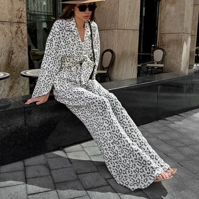 Pure Cotton Leopard print Long sleeved Shirt High Waist Suit Women Leopard Print - Shop at LoveMi
