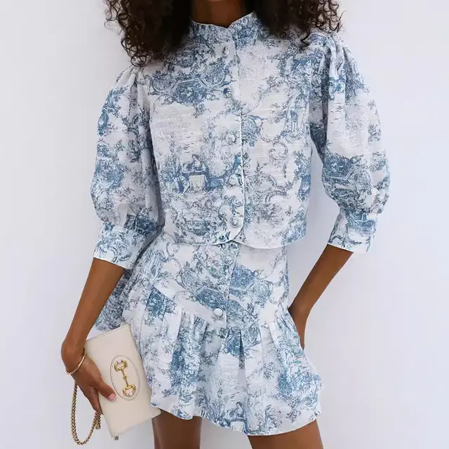 Fashion Small Stand Collar Printing Slim Fit Skirt Suit Printing - Shop at LoveMi