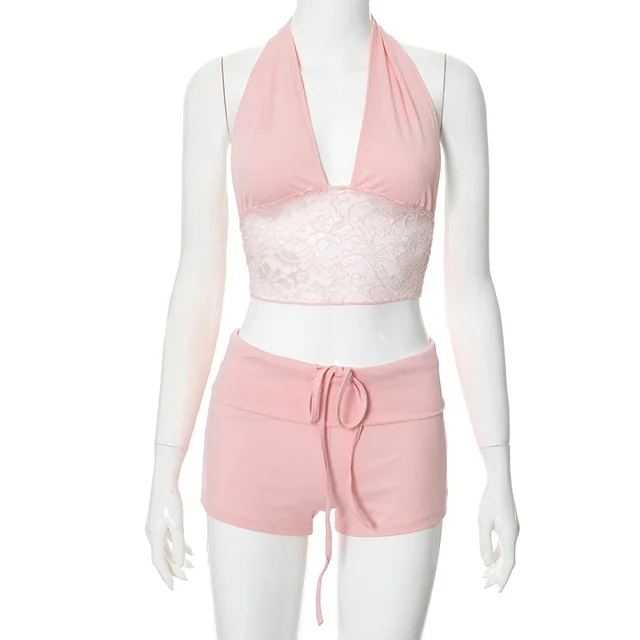 Halter Lace Cropped Cropped Top Ultra short Tights Suit Pink - Shop at LoveMi