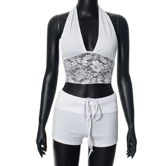 Halter Lace Cropped Cropped Top Ultra short Tights Suit White - Shop at LoveMi