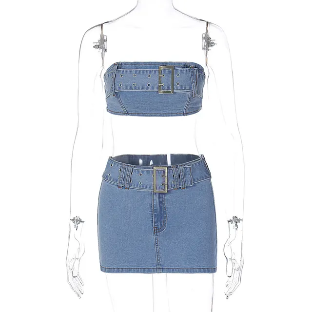 Women's Fashion Denim Tube Top Skirt Suit Blue - Shop at LoveMi