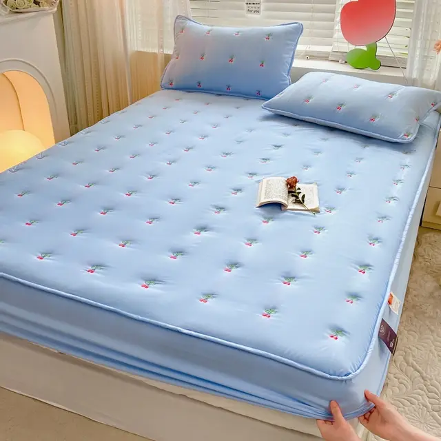 Class A Washed Cotton Fitted Sheet Cotton Embroidery Thickening Cherry Sky Blue - Shop at LoveMi