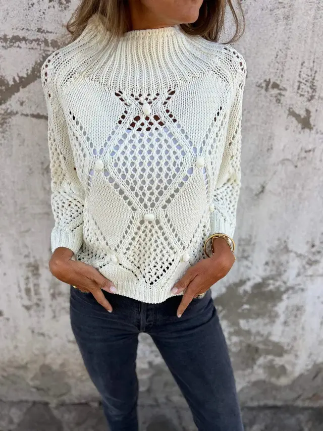 European And American Leisure Loose Hollow Out Sweater Round Neck Knitted Top Ivory White - Shop at LoveMi
