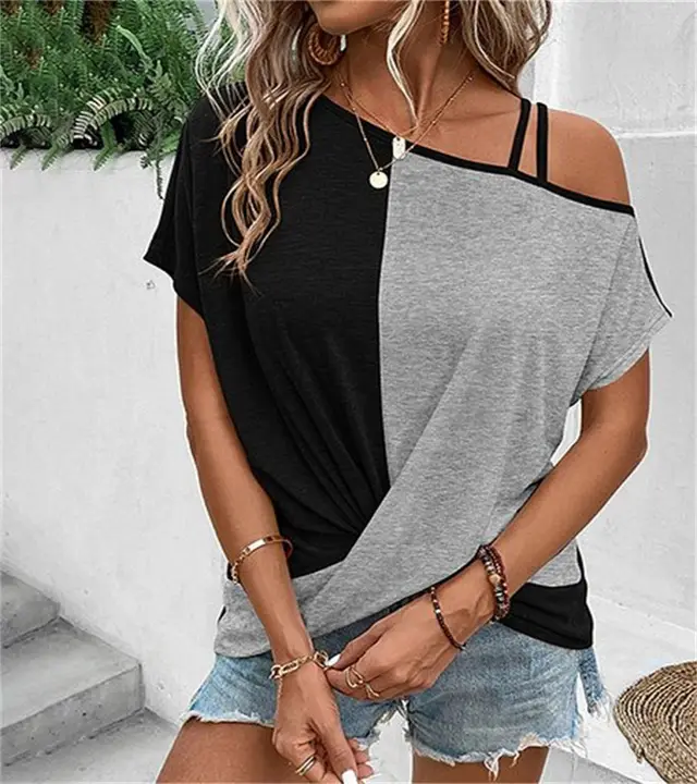 Two color Color Cotton Stitching Women's Shoulder Strap T shirt Cross Short Sleeve Top Gray - Shop at LoveMi