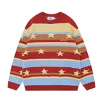 Contrast Color Striped Full Printed Five-pointed Star Round Neck Sweater For Women - Red