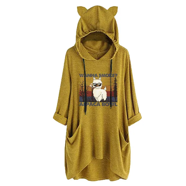 Half Sleeve Cat Ears WANNA SMOKE Cute Sweatshirt Yellow - Shop at LoveMi