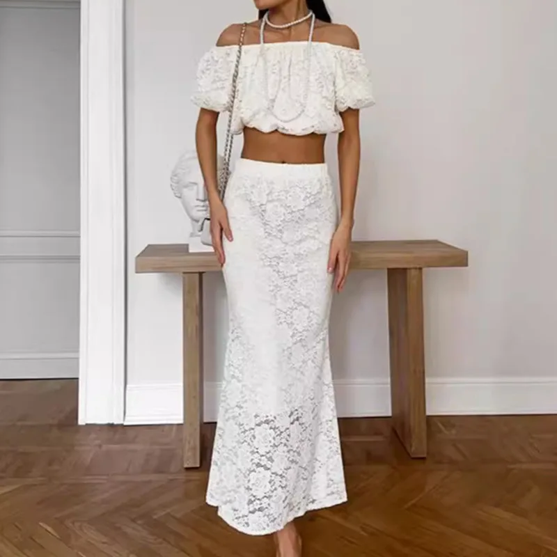 Lace Suit Off neck Strapless High Waist Fashion Women White - Shop at LoveMi