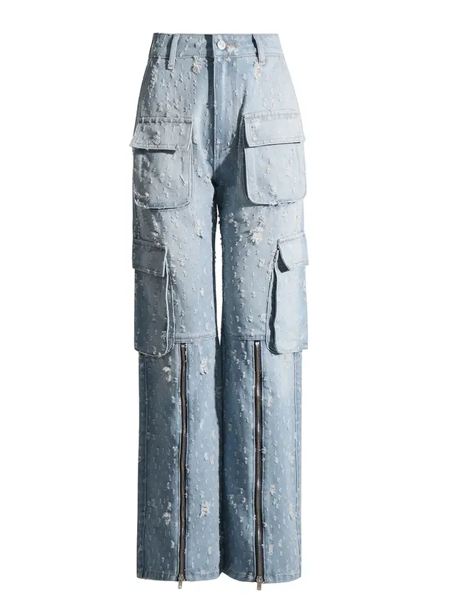 Worn Denim Coat Women's Ripped Long Sleeves Lapel Denim Suit Light Blue Pants - Shop at LoveMi