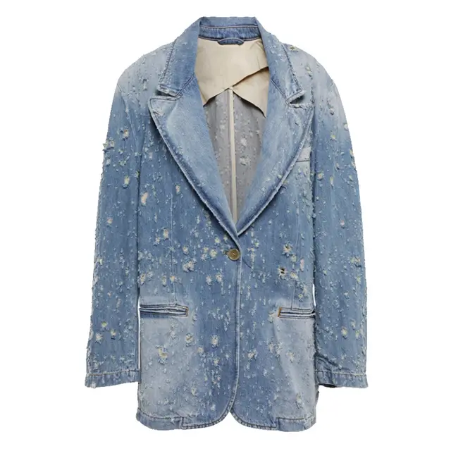 Worn Denim Coat Women's Ripped Long Sleeves Lapel Denim Suit Light Blue - Shop at LoveMi
