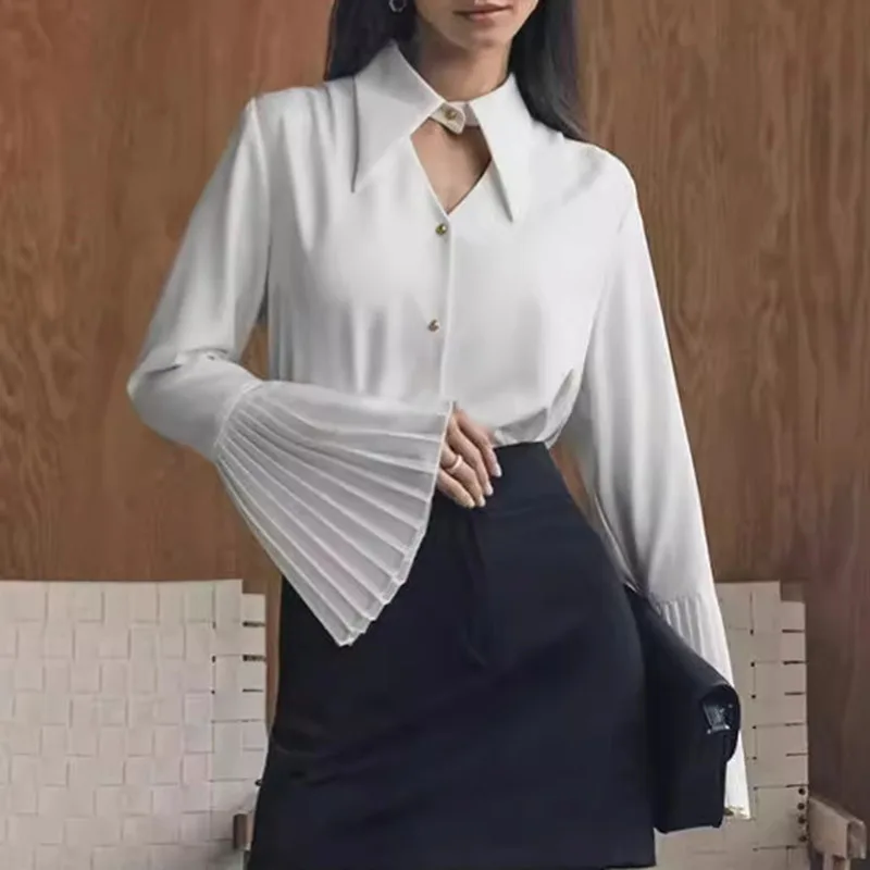 Long Sleeve Shirt Slim fit Hollow out Design For Women White - Shop at LoveMi