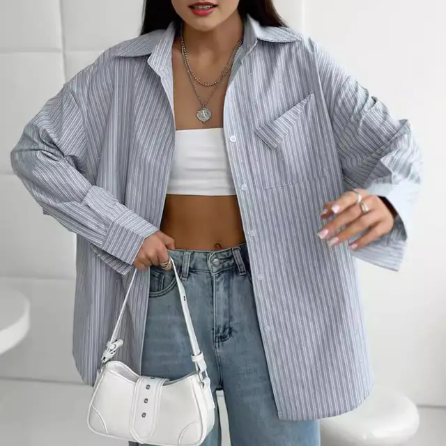Diamond embedded Fashion Striped Long Sleeves Shirt Gray - Shop at LoveMi