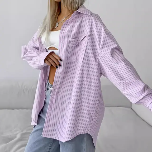 Diamond embedded Fashion Striped Long Sleeves Shirt Pink - Shop at LoveMi