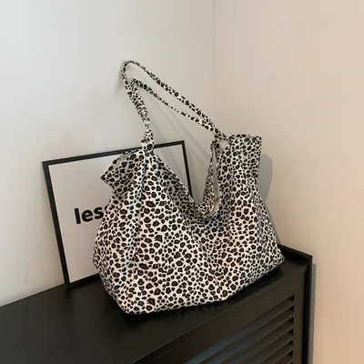 Leopard print Shoulder Idle Style Leisure Shopping Bag White - Shop at LoveMi