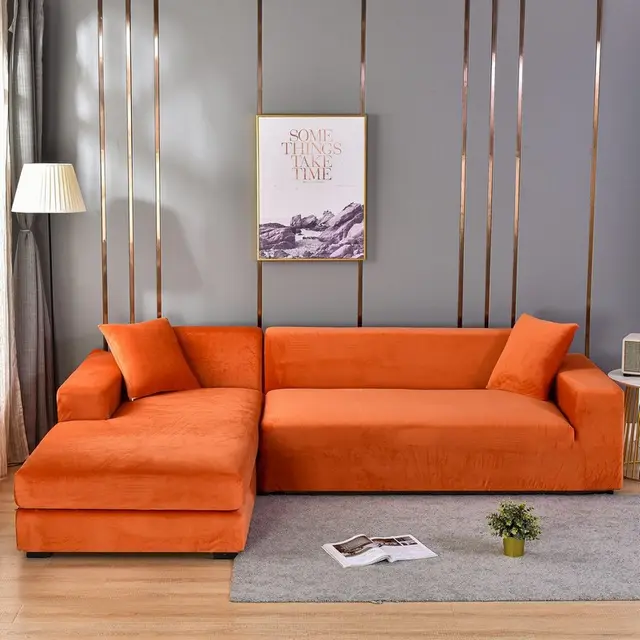 Silver Fox Velvet Plush Sofa Cover All inclusive High Elasticity Sofa Cushion Cover Home Fabric Super Soft Sand Silver Fox Velvet Orange - Shop at LoveMi