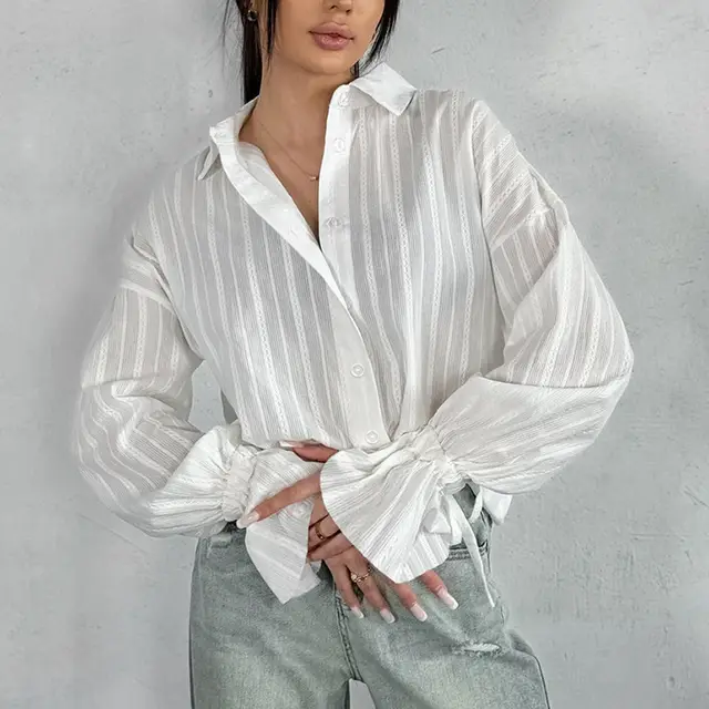 Design Jacquard Tie neck Flared Sleeves Women's Shirt White - Shop at LoveMi
