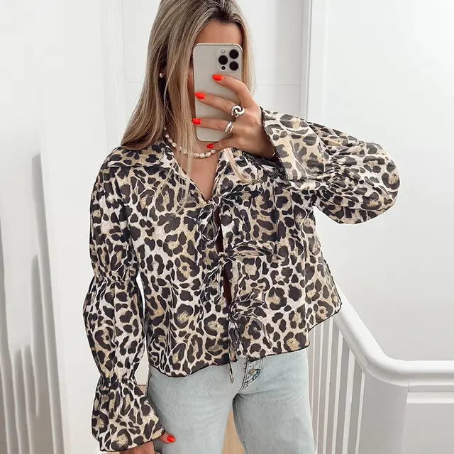 Fashion Leopard Print Lace up Puff Sleeve Women's Top Leopard Print - Shop at LoveMi