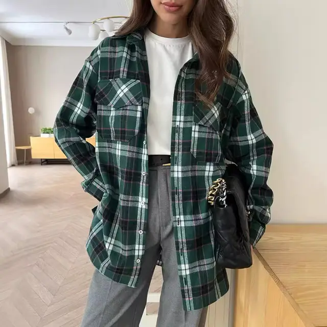 Fashion Green Plaid Shirt Cardigan Design Ladies Plaid - Shop at LoveMi