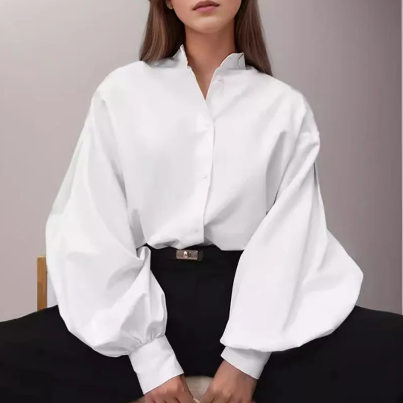 Women's Design Sense Lantern Sleeve Shirt Minority Fashion - White