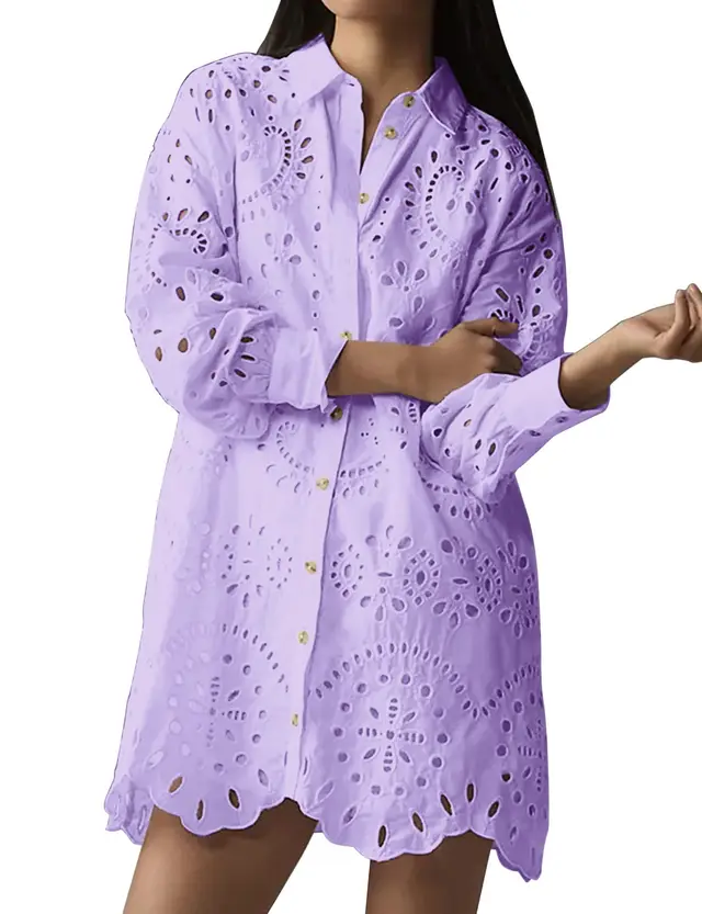 Women's Loose Long sleeved Casual Hollow Pleated Shirt Purple - Shop at LoveMi