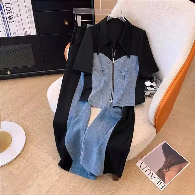 Lapel Denim Patchwork Top High Waist Casual Wide Leg Pants Suit Black - Shop at LoveMi