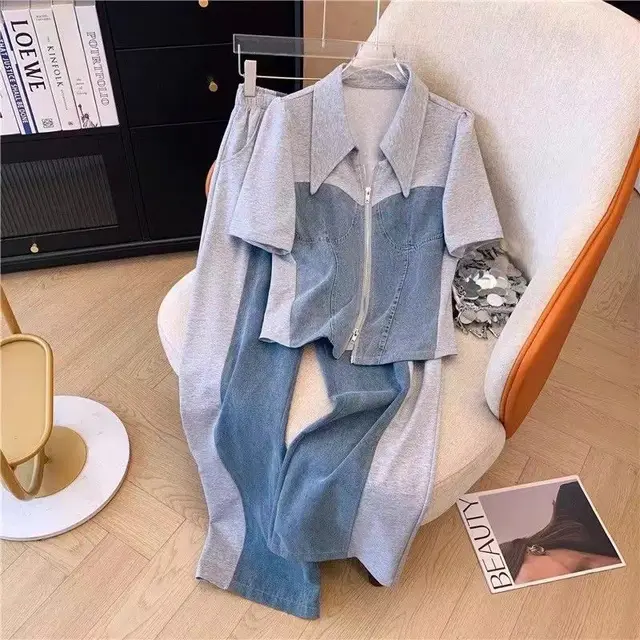 Lapel Denim Patchwork Top High Waist Casual Wide Leg Pants Suit Gray - Shop at LoveMi