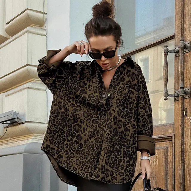 Vintage Cotton Leopard Print Baggy Coat Long Sleeve Women Leopard Print - Shop at LoveMi