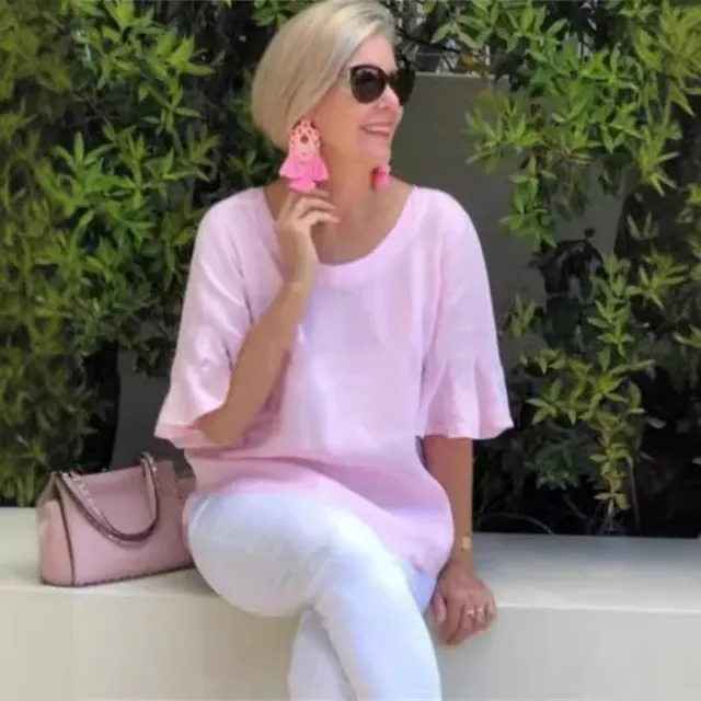 Summer Round Neck 34 Sleeves Solid Color T shirt Loose Slimming Cotton Top Pink - Shop at LoveMi