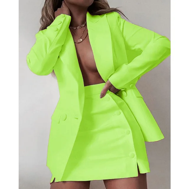 Solid Color Suit Short Skirt Two piece Set Women's New Fluorescent Yellow - Shop at LoveMi