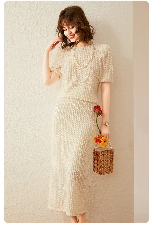 Fashion Casual Set Summer New Texture T shirt Split Skirt Apricot - Shop at LoveMi