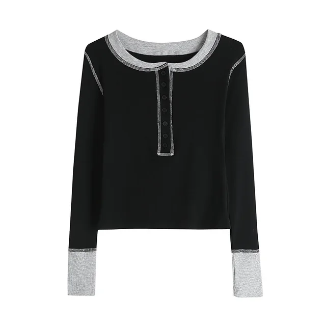 T shirt Women's Long sleeved Bottoming Shirt Round Neck Top Black Top - Shop at LoveMi