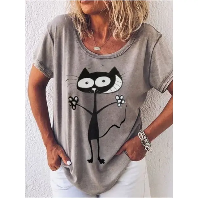 Cat Pattern Women's Clothing Summer V neck Short Sleeve T shirt Women Harajuku Street Shirt Stjndx840033632 - Shop at LoveMi