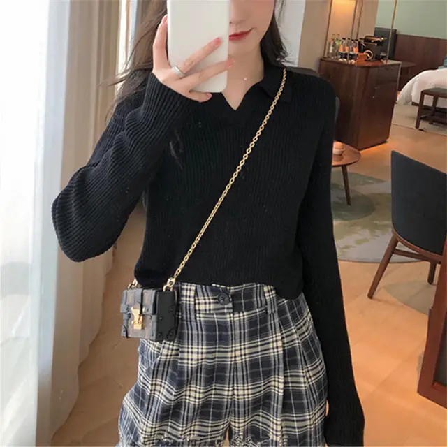 V neck Long sleeved Sweater Women's Lapel Polo Collar Sweater Black - Shop at LoveMi