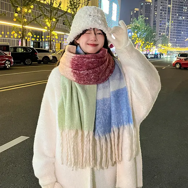Soft And Thickened Mohair Scarf Women's Color Matching Artificial Cashmere Scarf Milk Oil Color - Shop at LoveMi