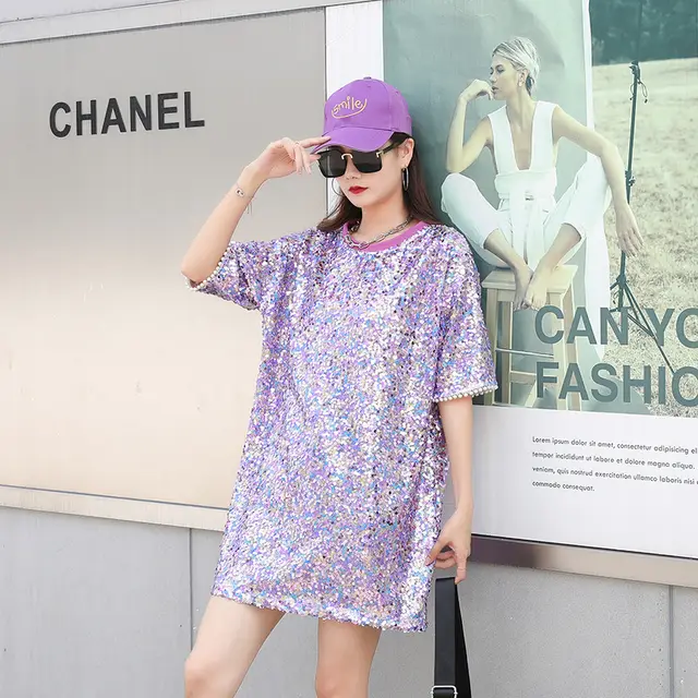 Short Sleeve T shirt Skirt Loose Plus Size Heavy Embroidery Sequins Lace Midi Skirt Purple - Shop at LoveMi