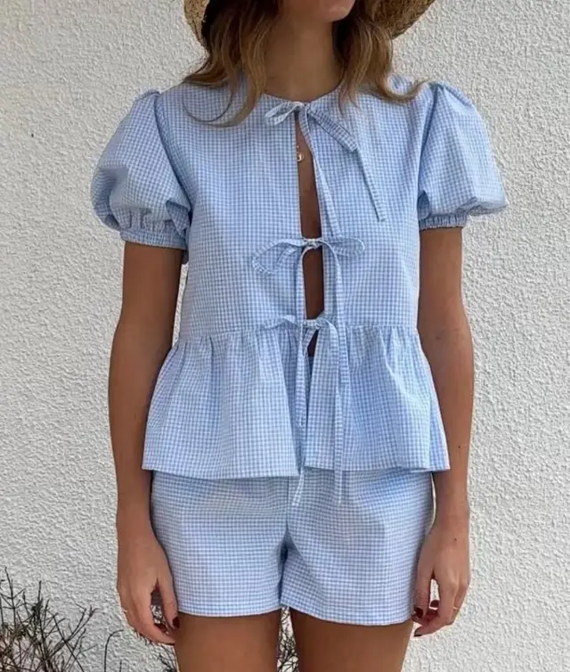 Women's Plaid Shirt Wide Leg Shorts Casual Suit Blue - Shop at LoveMi