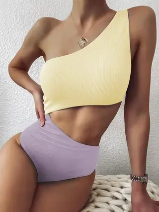 Triangle One-piece Bikini Hollow Out Vacation Swimsuit Women - Beige Purple