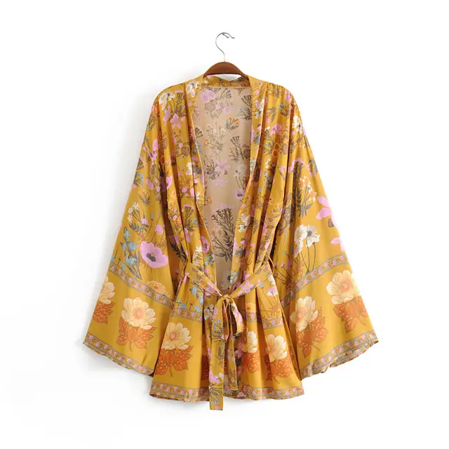 Spring And Summer Women's Clothing Positioning Printing Belt Kimono Yellow - Shop at LoveMi