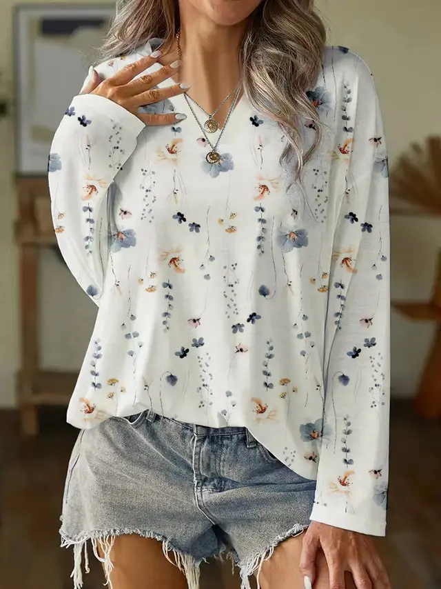 Women's Long sleeved Printed Loose V neck T shirt Sweater White - Shop at LoveMi